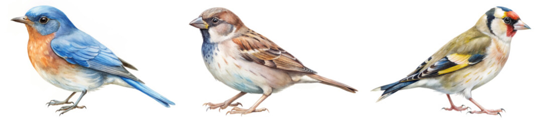 Colorful bird illustrations, detailed watercolor style, nature art, wildlife depiction, educational purposes, decorative prints.