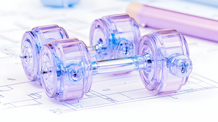 Exercise equipment, blueprint background, healthy lifestyle, possible use for fitness inspiration