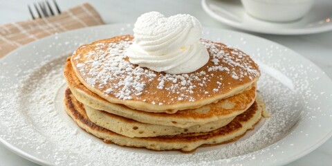 Stack of golden brown pancakes with a sprinkle of powdered sugar and a heart-shaped mound of whipped cream in the center, whipped cream topping, powdered sugar, fluffy pancakes, stack of pancakes