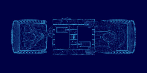 A man and woman are sitting at a table. The man is wearing a suit and tie, and the woman is wearing a dress. Scene is casual and friendly. Top view