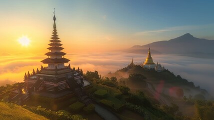 Serene sunrise over misty mountains with pagodas reflecting golden light in a tranquil landscape