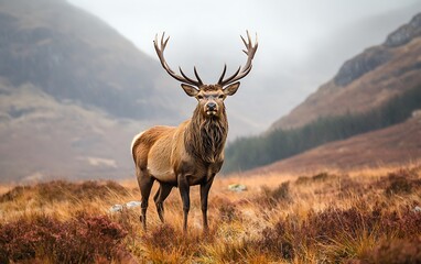 Fototapeta premium Majestic red deer stag standing proudly amidst the rugged Scottish Highlands with its impressive antlers on display against a misty mountain backdrop evoking a sense of wild beauty and nature's grande