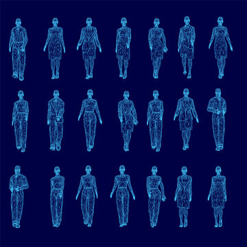 A blue image of a group of people walking. The image is a computer-generated animation of people walking in a line. The people are all dressed in business attire