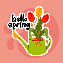 Hello spring and green watering can filled with blooming spring flowers on a pink background