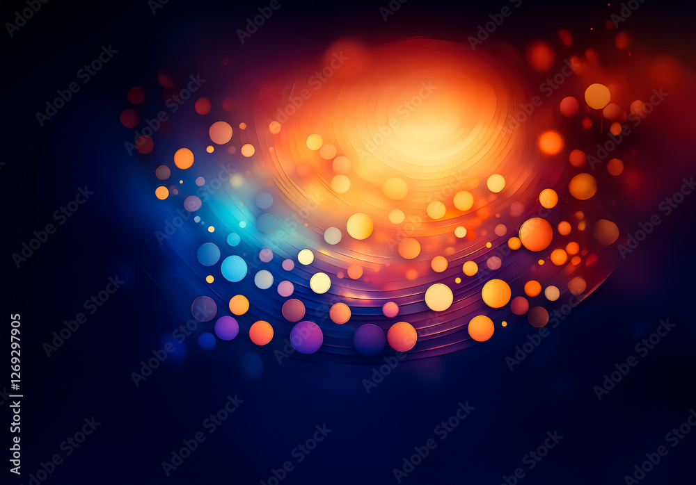 Poster abstract spiral of vibrant circles on a dark backdrop. the composition features bright oranges, yell