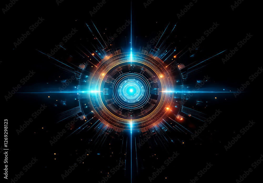 Poster abstract glowing circular tech design radiates bright blue and orange light on a dark backdrop. futu