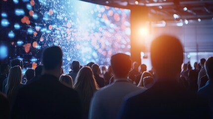 Conference Audience Silhouetted Against a Vivid Digital Display