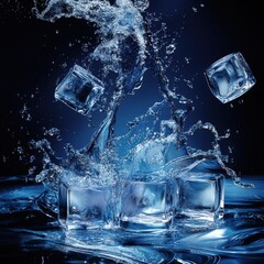 Crystal Clear Ice Cubes Splashing Into Water with Vibrant Blue Background