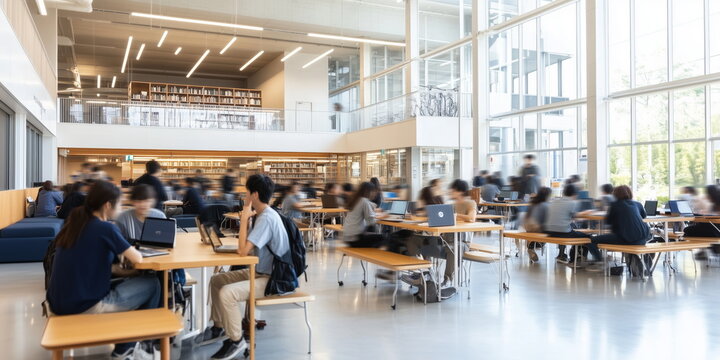Vibrant Asian University Scene: Students in Cafeterias, Engaged Conversations, Study Groups in Libraries, Bustling Campus Environment, Modern Academic Spaces