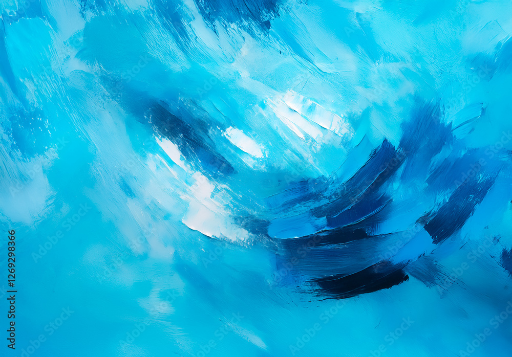 Poster Abstract painting featuring dynamic brushstrokes in shades of blue, ranging from light cyan to deep navy.  The texture suggests layers of paint creating depth and movement.