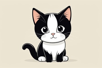 cartoon black and white cat sitting on a plain surface