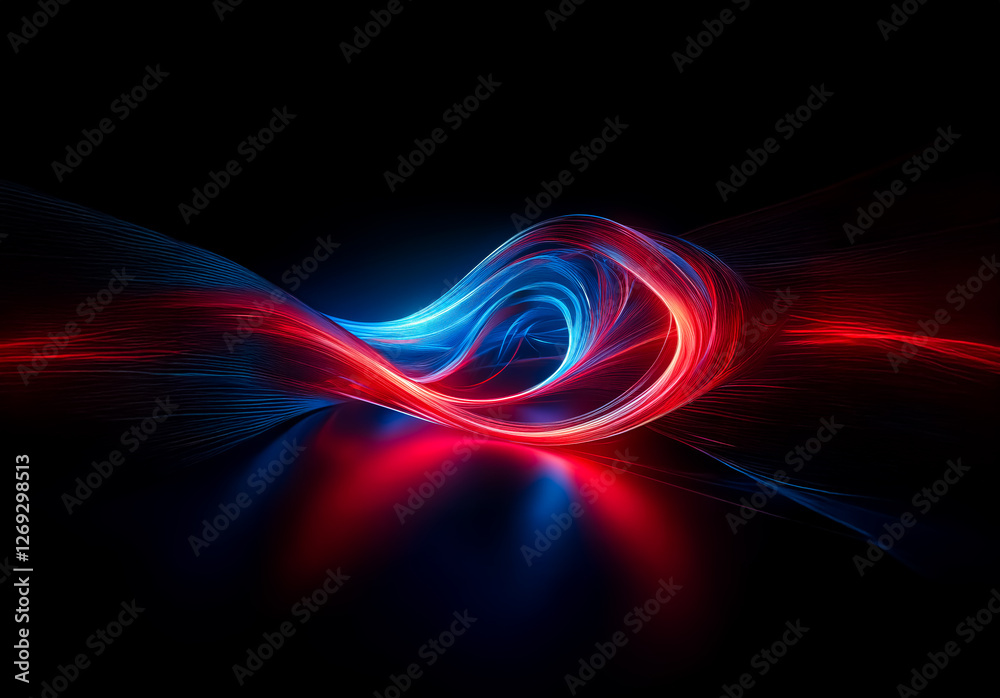 Poster Vibrant red and blue light streams intertwine and swirl against a dark background, creating a dynamic abstract design with luminous energy.