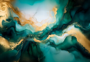 Abstract art with flowing teal and emerald green hues accented by shimmering gold swirls, creating a luxurious and fluid texture.