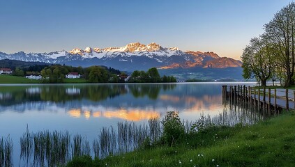 Fototapeta premium A serene lake reflects the majestic snow-capped mountains at sunrise, creating a picturesque scene of tranquility and natural beauty with lush greenery in the foreground