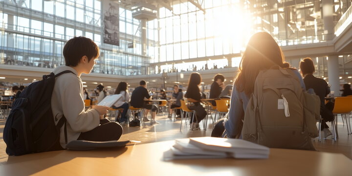 Vibrant Asian University Scene: Students in Cafeterias, Engaged Conversations, Study Groups in Libraries, Bustling Campus Environment, Modern Academic Spaces