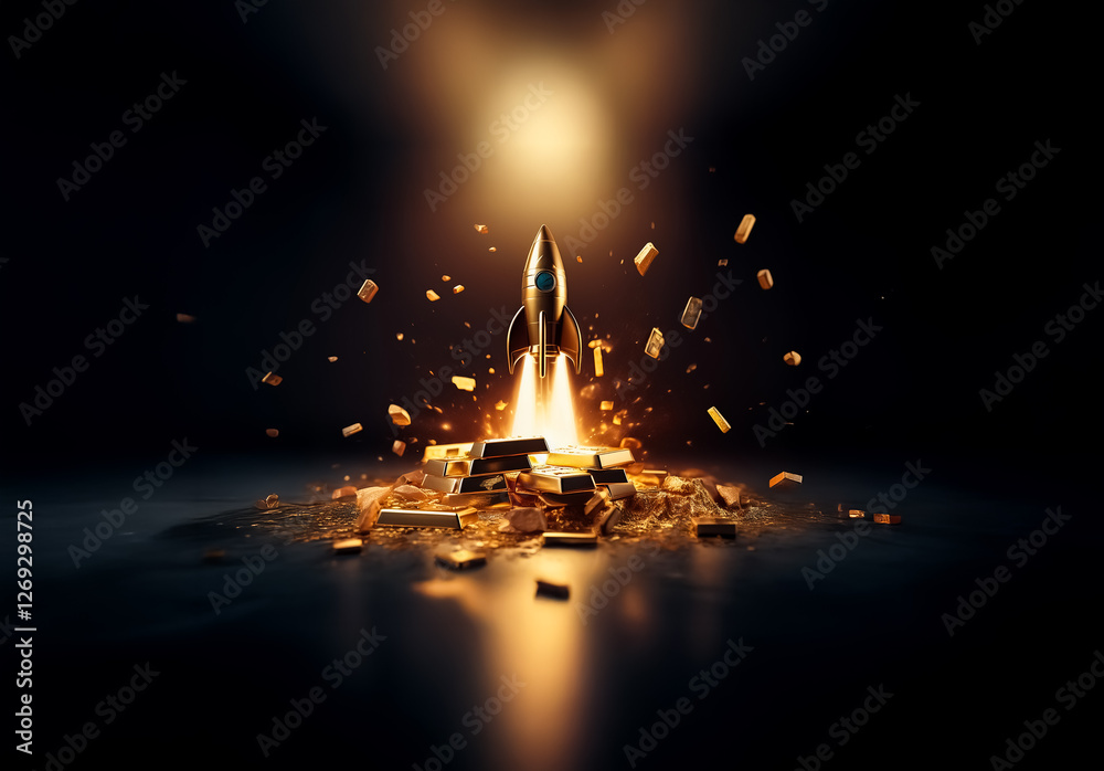 Poster a golden rocket blasts off from a heap of gold bars, scattering fragments and emitting bright sparks