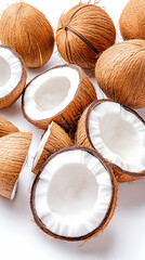 Fresh Coconuts, Whole and Halved, on White Background. Potential Use Food photography, healthy eating, dietary supplement