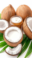 Fresh Coconut and Cream Jar on Palm Leaf