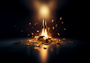 A golden rocket blasts off from a heap of gold bars, scattering fragments and emitting bright sparks against a dark backdrop.  A strong light shines from above.