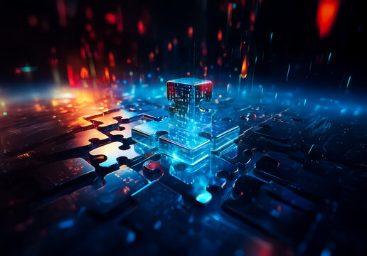 A luminous blue cube sits atop puzzle-piece circuits, glowing with orange sparks.  A modern, abstract representation of interconnected technology and digital concepts.