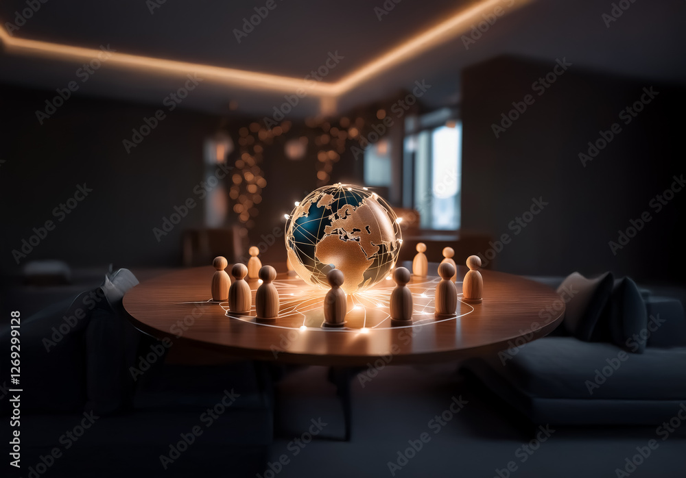 Leinwandbilder a softly lit room features a round table with a globe at its center, encircled by wooden figures, su
