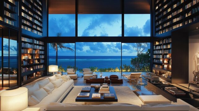 Luxurious living room beautiful view ocean has high bookshelf background home, Generative Ai