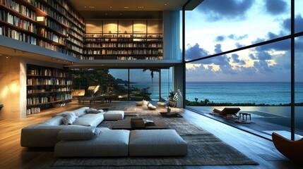 Luxurious living room beautiful view ocean has high bookshelf background home, Generative Ai