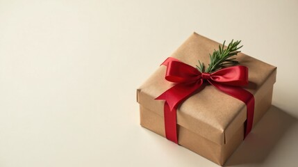 Obraz premium A thoughtfully wrapped present, adorned with a crimson ribbon and sprig of greenery, rests elegantly on a neutral surface.