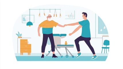 Physiotherapist helping elderly patient with rehabilitation exercise.