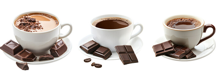 Set of Close-up of a steaming cup of hot chocolate with a piece of chocolate bar next to it on a clean white surface on transparent png background. Ai generated