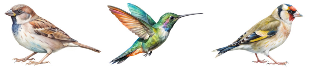 Colorful bird illustrations, detailed watercolor style, nature art, vibrant hummingbird, realistic sparrow and goldfinch.