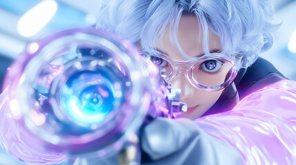 Futuristic character aiming a futuristic weapon in a modern setting.  Possible use  Sci-fi concept art for video game, movie, or advertising