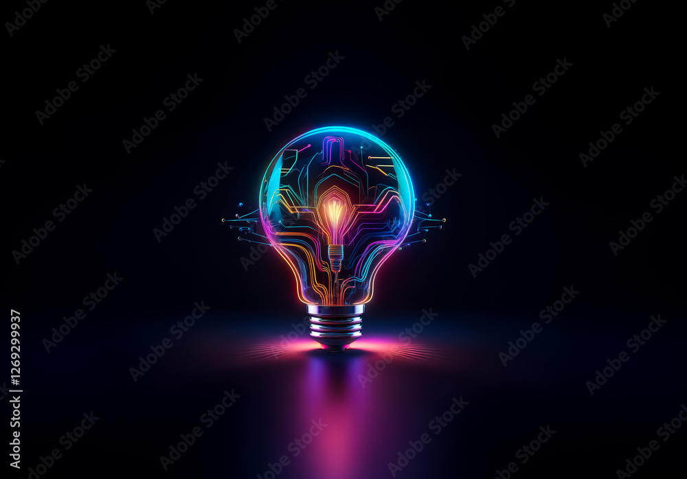 Aufkleber Vibrant light bulb with neon circuit patterns illuminates the dark. Glowing filaments and digital lines suggest innovation and technological ideas.