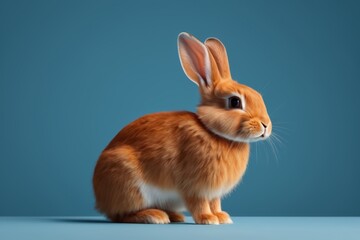 Fototapeta premium there is a small rabbit sitting on a table with a blue background