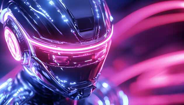 Futuristic robot head, glowing neon, close-up, technology