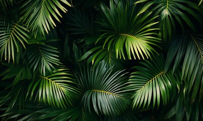 Deep green palm leaves create a lush tropical background with intricate details and a sense of depth evoking a natural exotic and summery vibe perfect for designs