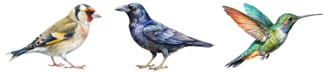 Colorful bird illustrations, detailed watercolor style, vibrant feathers, nature art, wildlife depiction, educational purpose.