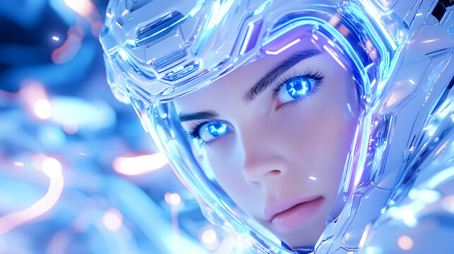 Futuristic woman in cyber helmet, gazing intensely