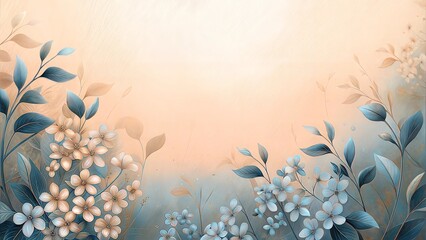 Soft floral border with pastel-colored flowers and leaves on a gentle gradient background with copy space