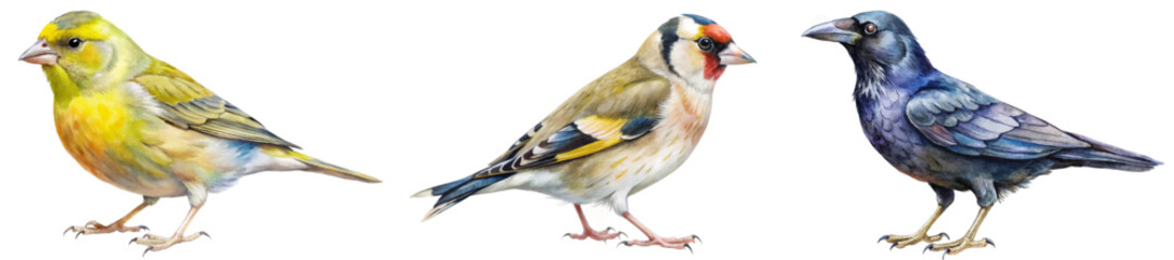 Colorful bird illustrations, detailed watercolor style, nature art, wildlife representation, educational purposes, avian diversity.