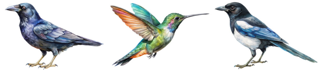 Colorful bird illustrations, detailed watercolor style, nature-themed artwork, vibrant feathers, artistic design, wildlife representation.