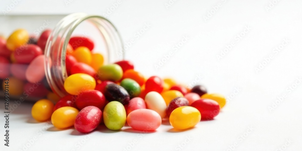 Poster a colorful assortment of oval-shaped candies spills from a clear glass jar onto a pristine white sur