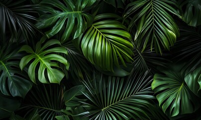 Deep green palm leaves create a lush tropical background with intricate details and a sense of depth evoking a natural exotic and summery vibe perfect for designs