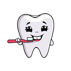 Happy tooth brushing vector for dentistry, oral care, and healthy smile concepts