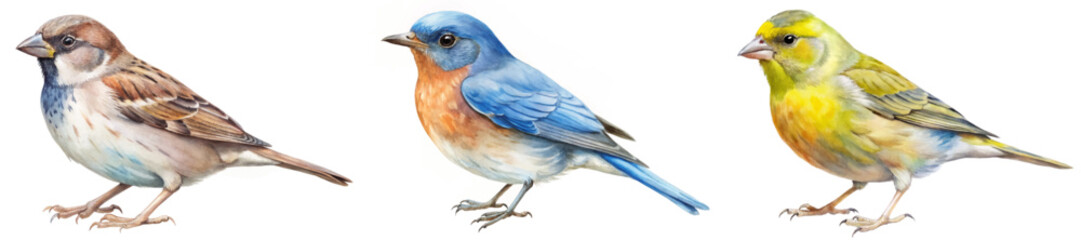 Colorful bird illustrations, detailed watercolor style, nature-themed artwork, perfect for educational use, wildlife prints.