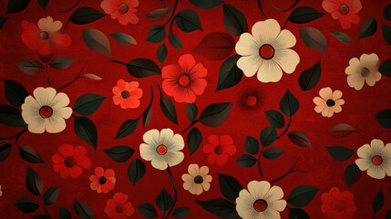 Background, Floral pattern on red background featuring various flowers and green leaves.