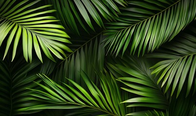Deep green palm leaves create a lush tropical background with intricate details and a sense of depth evoking a natural exotic and summery vibe perfect for designs