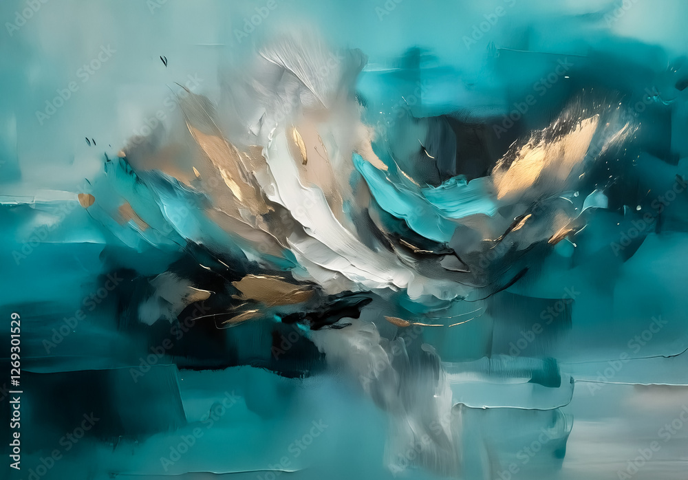 Aufkleber abstract artwork with teal, white, grey, and gold brushstrokes. dynamic, modern style with a bold co