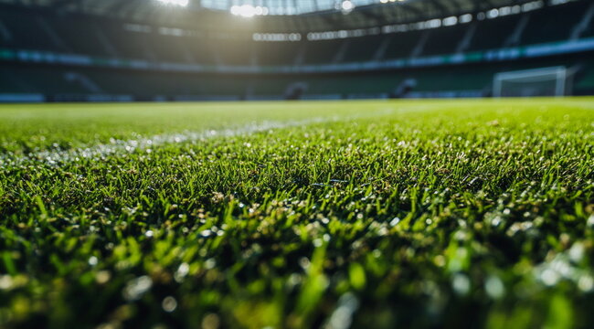 Foggy football stadium with bright lights illuminating soccer field. Mysterious atmosphere, night match, sports background, professional game, competitive championship event.







