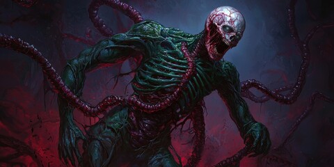 Fototapeta premium A sinister creature with a skeletal body and a skull head, entwined in dark tendrils, exudes an eerie, otherworldly presence.